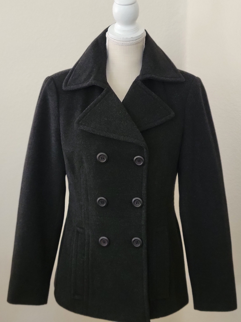 AK Anne Klein Wool Peacoat Womens SM Charcoal Gray Double Breasted Jacket